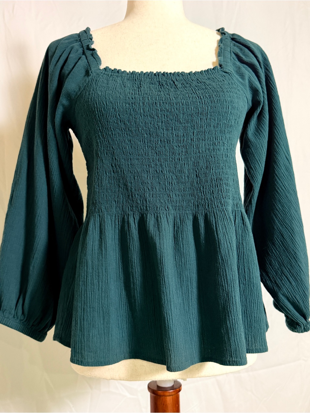Madewell Teal Smocked Square-Neck Peplum Blouse Prairie, Boho, Whimsical